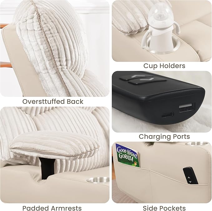SUNWAVE Power Nursery Rocking Chair with Adjustable Armrests, Nursing Chair with USB, Cup Holders & Blanket, Swivel Rocker Recliner with Corduroy and PU Leather Mixed Fabric (Beige)