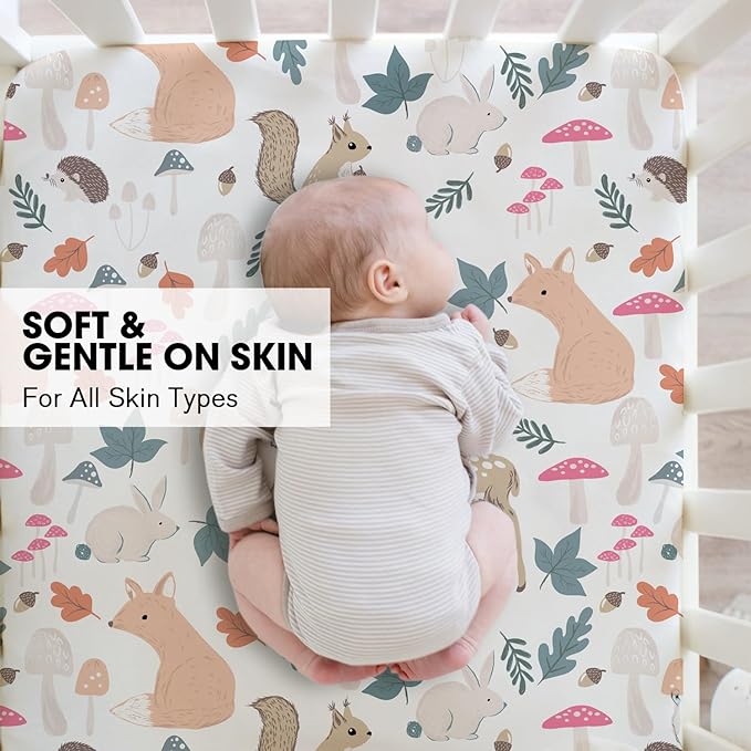 Little Grape Land Crib Sheets 4 Pack for Boys and Girls, Baby Neutral Crib Fitted Sheets for Standard Crib & Toddler Mattress, Super Soft Breathable Fitted Crib Sheet Set, Safari & Squirrel