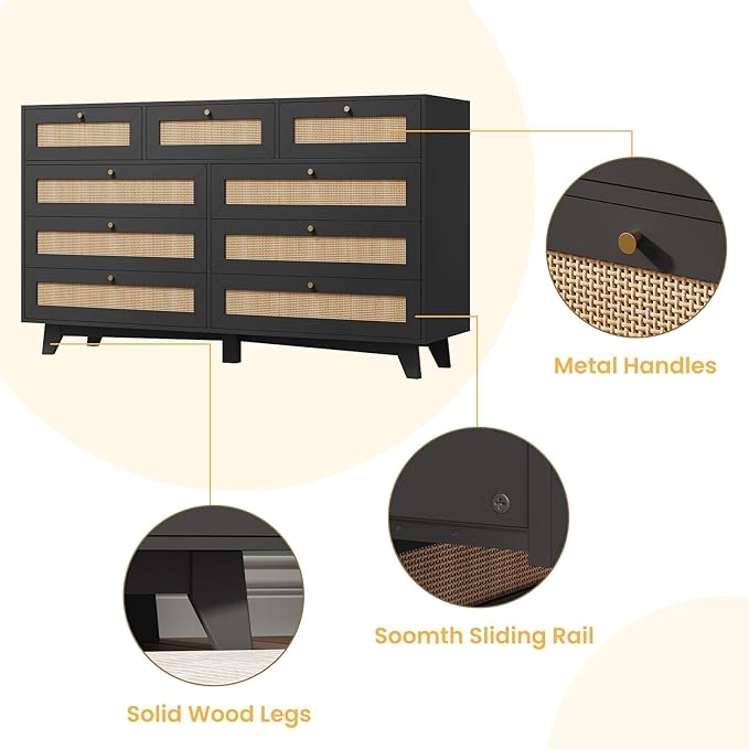 AOGLLATI Black Rattan Dresser for Bedroom with 9 Drawer, Modern Double Wooden Long Bedroom Dresser, Chest of Drawers with Metal Handle & Solid Wood Legs for Bedroom/Living Room, Black