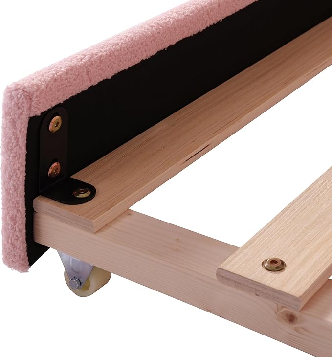 Merax Full Size Upholstered Daybed with Light and Trundle, Pink Teddy Fleece Sofa Bed Modern Wooden Platform Bed Frame for Bedroom, Living Room, Guest Room, Apartment
