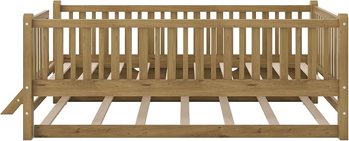 LUMISOL Twin Size Low Platform Bed Frame with Trundle, Wood Floor Bed with Ladder & Fence Guardrail for Kids Teens Girls Boys, No Box Spring Needed, Walnut