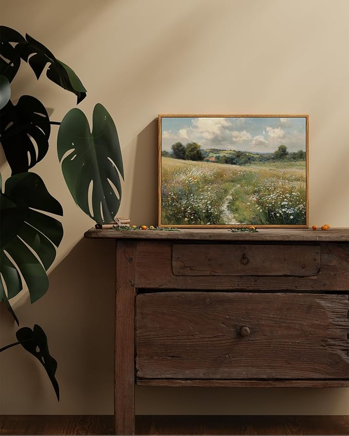 ARPEOTCY Vintage Framed Canvas Wall Art, 12x16inch, Farmhouse Wildflower Field Wall Decor, Countryside Art Prints Home Decorations, Landscape Paintings for Living Room Bedroom Shelf Decor