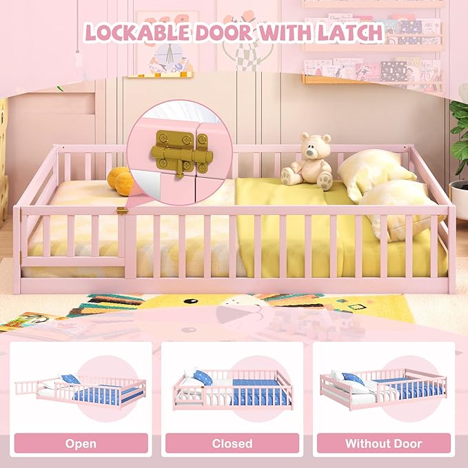 Giantex Full Floor Bed with Door & Fence, Kids Wood Montessori Beds with Safety Guardrails, Floor Bed Twin for Kids, Boys, Girls, No Box Spring Needed, Pink