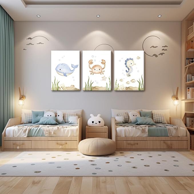 Wodkwq Ocean Nursery Decor, Set of 3 Framed Canvas Art Prints, 16x24in, Under The Sea, Boys Room, Bathroom, Bedroom