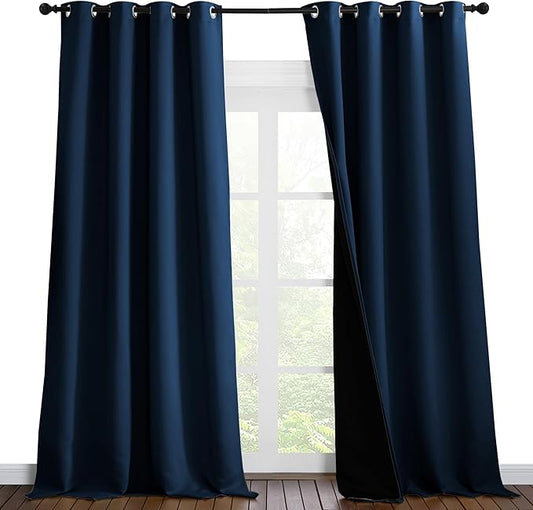 NICETOWN 100% Blackout Blinds, Laundry Room Decor Window Treatment Curtains for Large Patio Sliding Door, Thermal Insulated Moroccan Blue Curtains for Bedroom, Set of 2, 52 inches x 108 inches