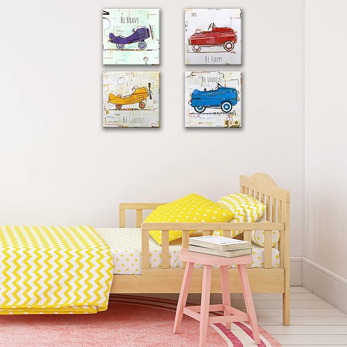 Oreichar Art Kids Wall Art Inspirational Quotes Canvas Print Painting Colorful Cartoon Car Plane Picture for Baby Kids Room Bedroom Nursery Decoration (12"x12"x4pcs)
