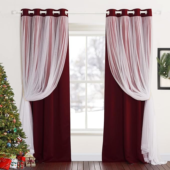PONY DANCE Red Blackout Curtains 95 inches Long 2 Panels Set Solid Blackout Drapes with White Sheer Overlay, 52 Inch Width Draperies for Home Decoration with Extra Tiebacks,Living Room Curtains
