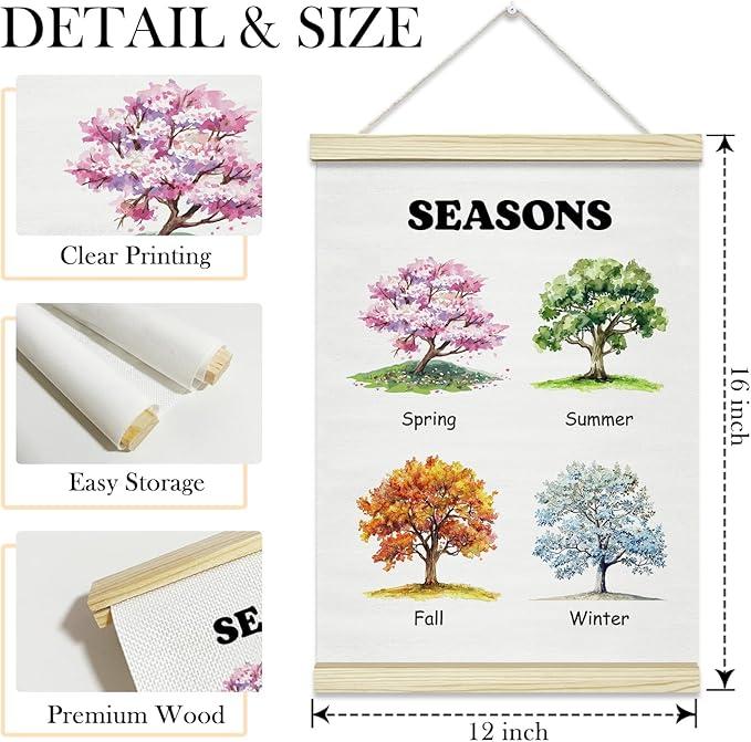 Seasons Trees Canvas Poster Hanger Frame, Spring Summer Autumn Winter Wall Art for Kids, Educational Wall Decor for Classroom Nursery Playroom Bedroom -033