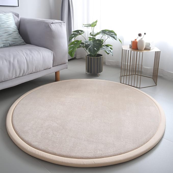 Loartee Thick Kids Round Rug - Coral Velvet Area Rugs, Memory Foam Circular Carpet for Nursery Playroom Home Decor Dormitory, Diameter 71 inch, Brown