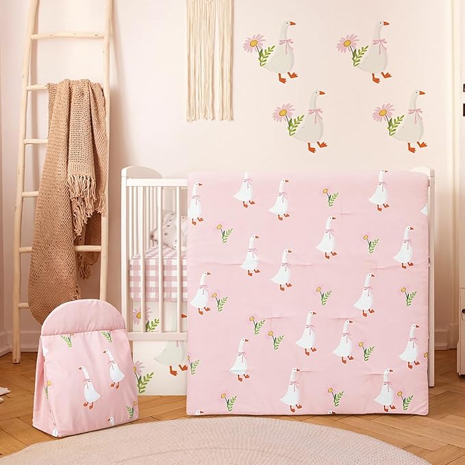 Oudain 4 Piece Goose Crib Bedding Set Including Goose Crib Skirt, Blanket, Sheet and Diaper Stacker, Soft Neutral Nursery Standard Size Baby Bedding for Baby Girls and Boys