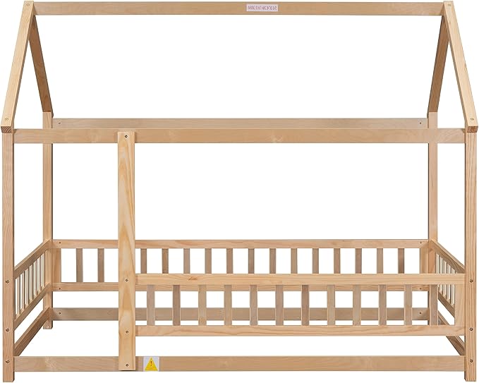 Bellemave Twin Size House Floor Bed Frame,Wooden Montessori Floor Bed with Fence for Kids,Twin Size Kids Bed,Natural