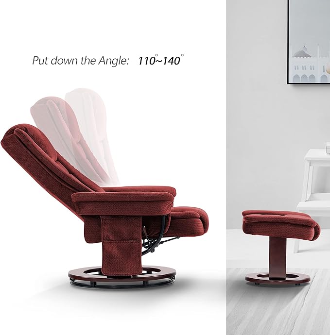 MCombo Swivel Recliner with Ottoman Chair, TV Chair Sets with Vibration Massage, for Small Space Living Room Bedroom 9096 9099 (Textile, Burgundy)