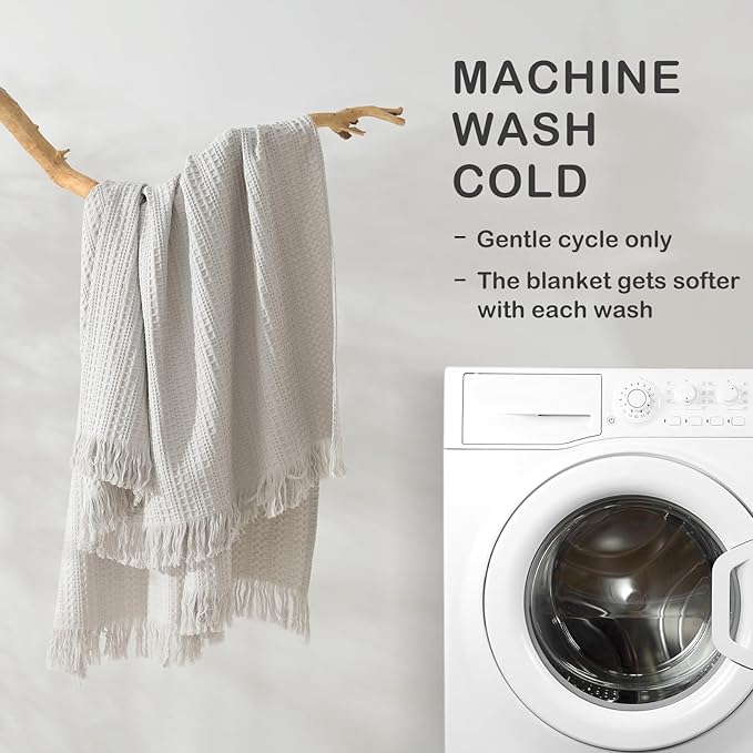 100% Cotton Waffle Blanket with Fringe, Pre-Washed Waffle Weave Blanket for All Season, Lightweight Breathable Soft Cozy Throw Blanket for Couch, Bed, Travel (Light Grey - 50x60 Inches)