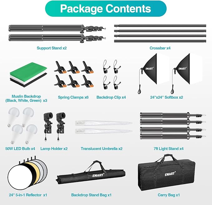 EMART 8.5 x 10 ft Backdrop Support System, Professional Photography Lighting Kit with 50W LED Blub, 6 * 9ft Backdrop *3, Reflector,Umbrellas&Softbox Lighting Kit for Studio, Portrait, Video Shooting