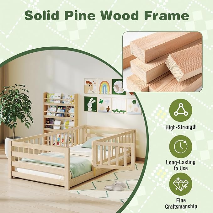 KOMFOTT Twin Size Wood Floor Bed with Door & 21.5” Fence, Montessori Bed Frame with Full Length Safety Guardrails, Door & Latch, Wooden Montessori Floor Bed for Kids, Girls, Boys