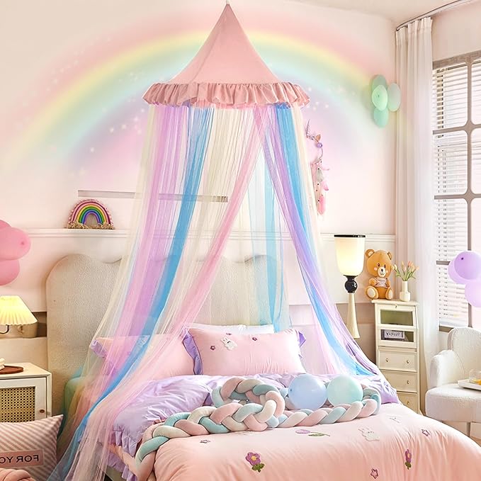 Kertnic Rainbow Bed Canopy for Girls Dreamy Mosquito Net for Bed Round Dome Princess Bed Canopy Girl Room Play Tent Kids Canopy Bed Netting Curtains (Single Layer- Pink)