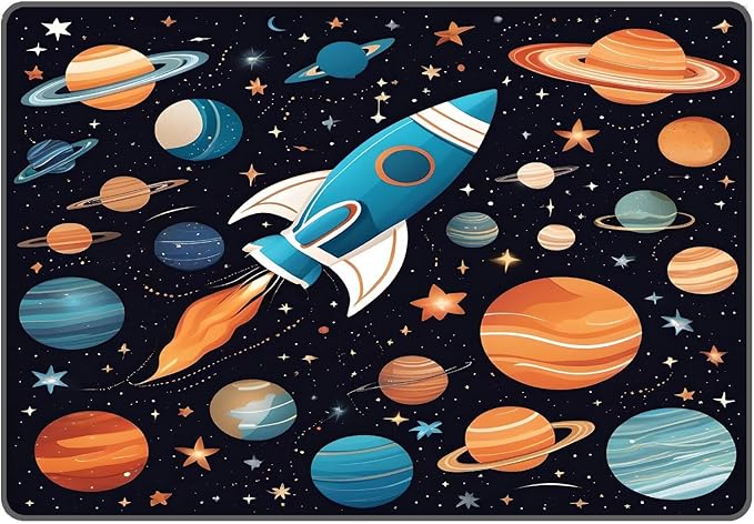 Space Rug for Kids Room Rocket Rugs Cartoon Stars Carpet Galaxy Planet Printed Throw Rugs for Boys Children Bedroom Living Room,39 in x 79 in
