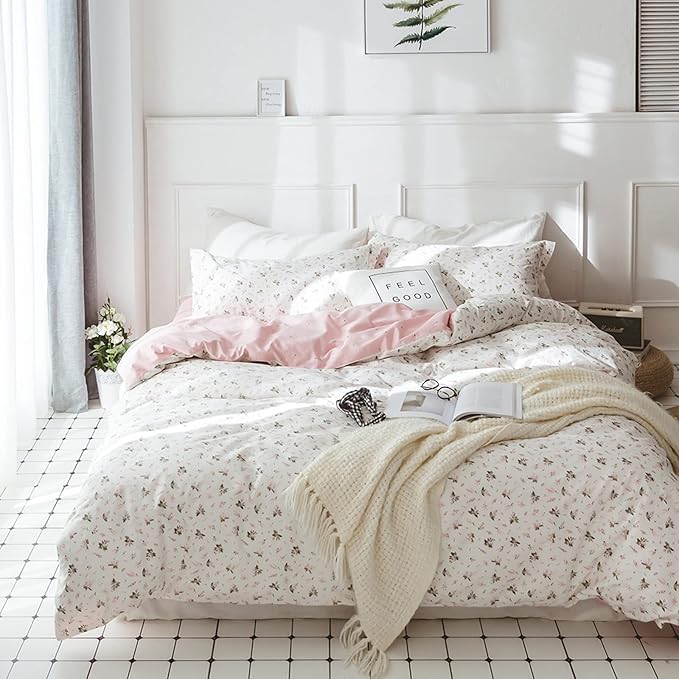 HighBuy Floral Girl Duvet Cover Twin White Pink Flower Coquette Bedding Set with Zipper Closure Soft Cotton Bedding Comforter Cover Aesthetic 3 Pieces for Kids Bedroom Collection 4 Corner Ties