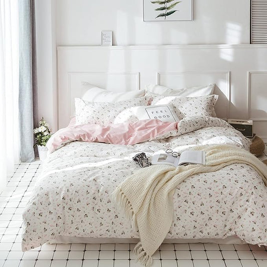 HighBuy Floral Duvet Cover Full Size Girl Cotton Pink Floral Coquette Bedding Comforter Covers Full Lightweight Soft for Girls Garden Style Bedding Set with Zipper Closure for Children