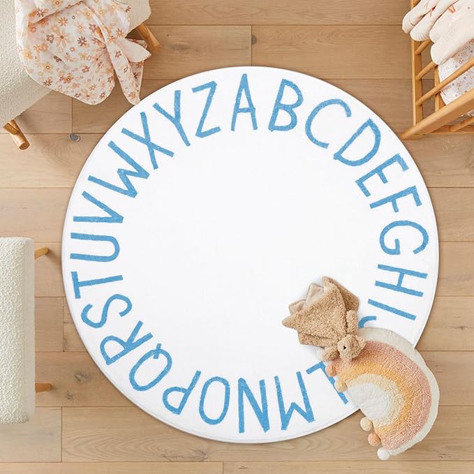Topotdor Round Kids Play Rug Alphabet Nursery Area Rug Extra Large Soft Crawling Play Mat for Children Toddlers Bedroom (47 inch, Sky Blue/White)