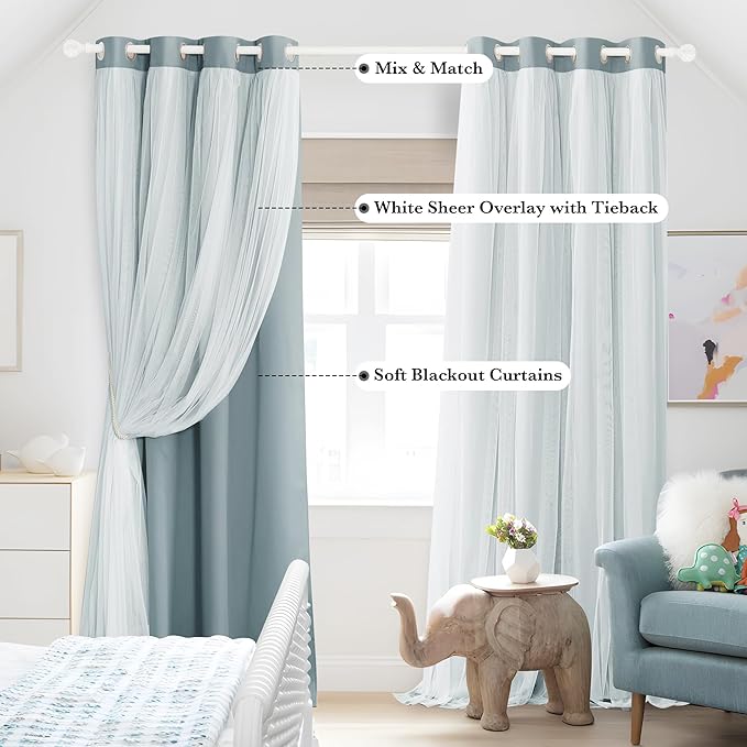 PONY DANCE Blackout Curtains Double Layer Curtains 84 Inches Long with White Sheer Elegance Grommet Window Panels for Girls Kids Room Darkening with Extra Tie-Backs (52x84, Shadow Blue, 2 PCs)