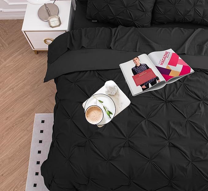 LANE LINEN Queen Comforter Set, 7 Piece Queen Size Bedding Set, Black Comforter with Sheets, Pillowcases & Shams - Pintuck Style