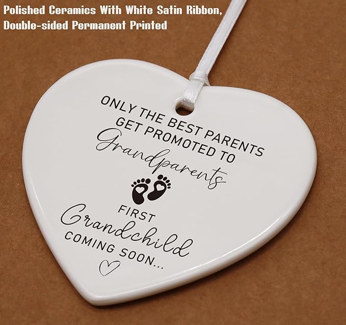 Heart Shaped Christmas Ornament-First Time Grandparents Gift-Pregnancy Announcement Keepsake-New Baby Coming Soon Surprise-Grandma Grandpa Decor