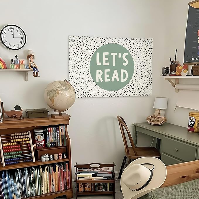 Lacama Green Nursery Decor，Sage Green Linen Banner，Classroom Decor Let's Read Playroom Kids Room Wall Decor，Homeschool Toddler Bedroom Decor Flags for Bedroom，Nursery Wall Decor Banner 30x20