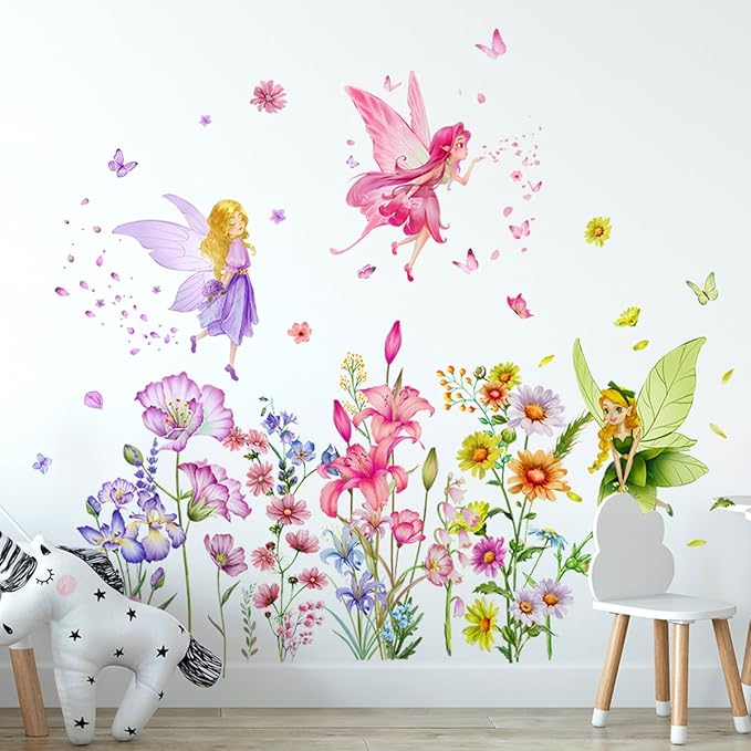 Supzone Flower Fairy Wall Stickers Butterfly Girl Wall Decals Removable Vinyl Wall Art Sticker for Girls Baby Nursery Kids Bedroom Living Room Bathroom