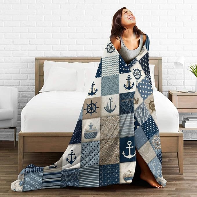 Nautical Blanket Ocean Sea Throw Blanket Sailboat Anchor Soft Cozy Fleece Fuzzy Stuffed Plush Flannel Gifts for Girls Women Boys Kids Adults 40''x50''