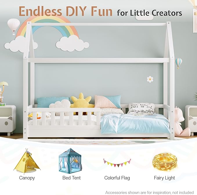 Jocisland Twin Size House Bed for Kids, Montessori Wooden Floor Bed Frame with Guardrails, Removable Rails, Playhouse Roof, Easy Assembly, Toddler Floor Bed for Boys & Girls, White