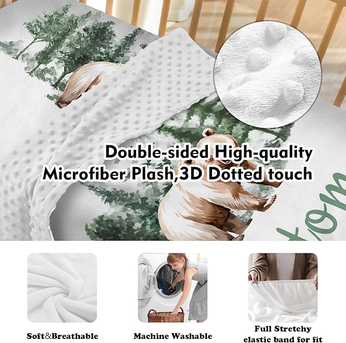 Custom Baby Crib Bedding Set - Brown Bear Design Personalized Name Baby Nursery Bedding 3 Pcs Set - Chic Soft Blanket, Fitted Sheet, Room Rug for Newborns Boys Girls Gifts