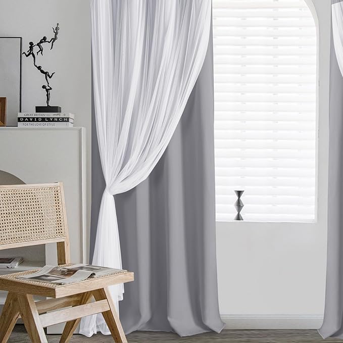 DWCN Grey Layered Curtains for Living Room Blackout and Sheer Curtains with Tiebacks Grommet Top Window Curtain Panels with Sheer Overlay for Bedroom, 52" x 84", 2 Pieces
