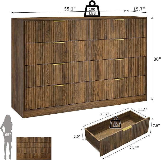 Fluted 8 Drawer Double Dresser Wood,55” Wide Bedroom Dresser Mid Century Chest of Drawers Wooden with Gold Handle,Dressers TV Stand for Bedroom,Living Room,Walnut