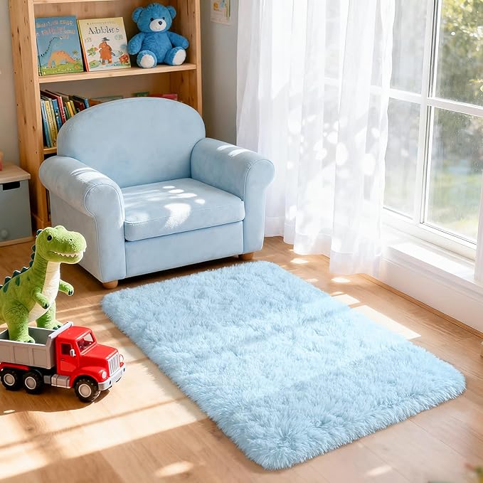 Merelax Fluffy Rug Shaggy Area Rug, Baby Blue 2x4 Area Rugs for Bedroom, Small Kids Bedside Rug, Soft Shaggy Entryway Throw Rugs for Living Room Bedroom Nursery Room Home Decor Aesthetic