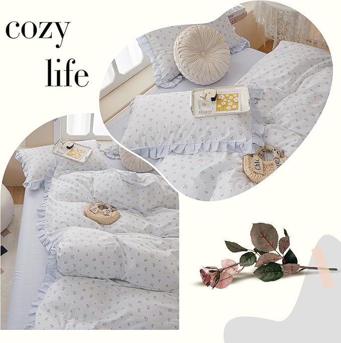 LifeTB Ruffle Duvet Cover Chic Floral Lace Duvet Cover Twin Cute Blue Flower Comforter Cover Girls Princess Lace Bedding Cover Botanical Floral Comforter Cover Ruffle Cottagecore Bedding Set Twin