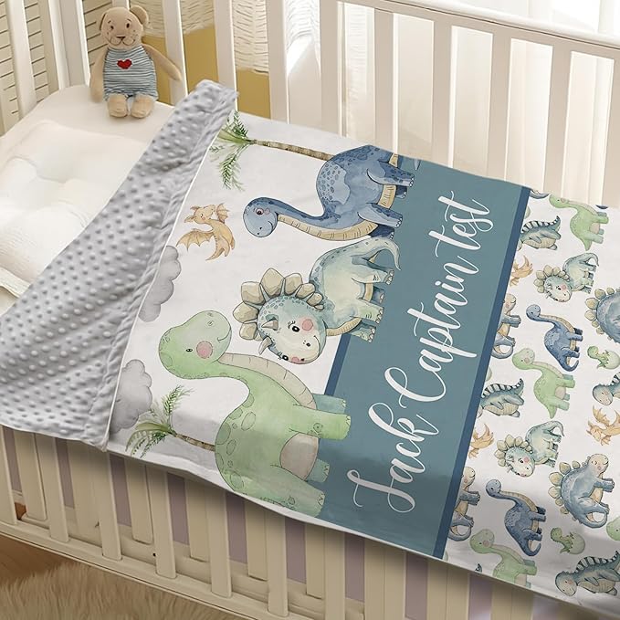 Personalized Baby Name Blanket for Boy Girl, Soft Flannel Blanket with Double Layer Dotted Backing for Newborn, Nursery Crib with Green Dinosaur Design, Baby Blanket Customized Gifts(47" x60)