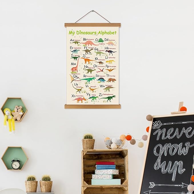 KARINE Dinosaurs Alphabet Poster,Animal ABC Learning Wall Art with Magnetic Hanging Frame(14”X22”) A TO Z Educational Poster,Dinosaur Alphabet Chart Hanger Gift for Kids Boys Playroom Classroom Decor
