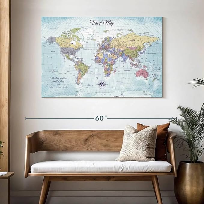 ElephantStock - Push Pin Travel Map World I Wall Art - Horizontal Canvas Wall Art - Living Room Wall Decor - Printmaking Map Canvas Art - Blue And Beige Decor - 48" x 32"