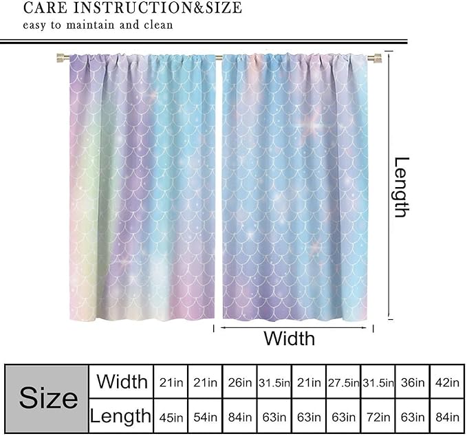 Mermaid Curtains, Kids Cartoon Watercolor Sea Animals Mermaid Princess Scales Pattern Print Living Room Decoration for Kids Girls Bedroom Nursery 42x45 Inch