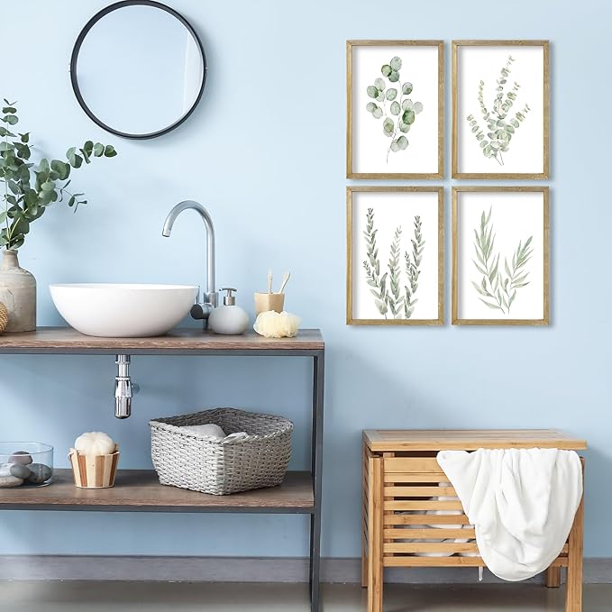 Botanical Wall Decor Sign 16x11 Inch Set of 4 Sage Green Plants Wood Framed For Bathroom Modren Bedroom Aesthetic Watercolor Laundry Room Art Wall Hanging (Wood)