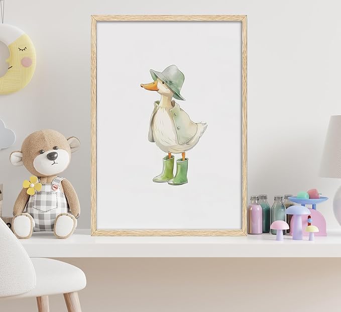 3Pcs Baby Animal Nursery Wall Art Funny Green Rain Gear Duck Painting Picture Wall Decor This Set of 3 Happy Ducks Wearing Green Boots Poster Print Artwork for Kids Boys Room Bedroom Decorate,Unframed