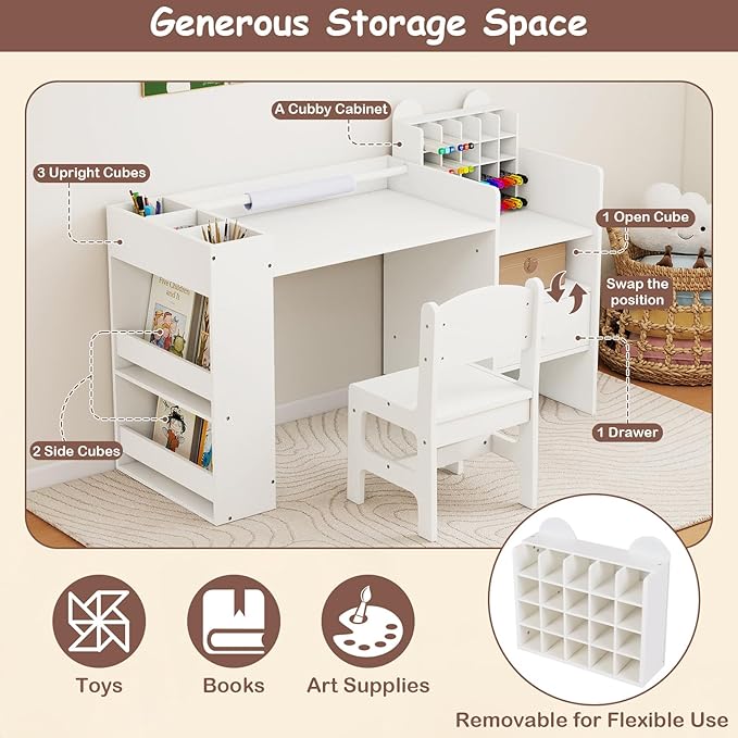 Costzon Kids Desk and Chair Set, Art Activity Desk Set with Detachable Paper Roll Holder, Cubby Cabinet, and Multiple Storage Space, 2-in-1 Toddler Table and Chair for Painting, Studying (White)