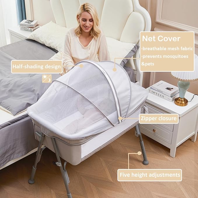 Baby Bassinet Bedside Sleeper Crib with Mattress 5-Level Adjustable Height, Breathable Mesh & Mosquito Net, Portable Folding Travel Cradle with Auto-Lock Wheels Light Grey