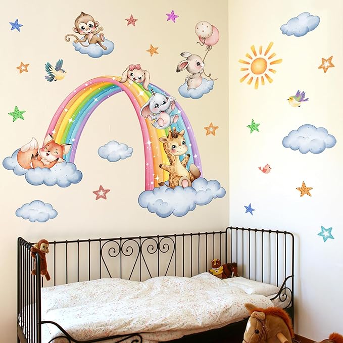 Colorful Rainbow Animals Wall Stickers Vinyl Cute Animal Cloud Wall Decals DIY Removable Decor for Kids Room Nursery Home Classroom Walls (35.43inch x 11.81inch)