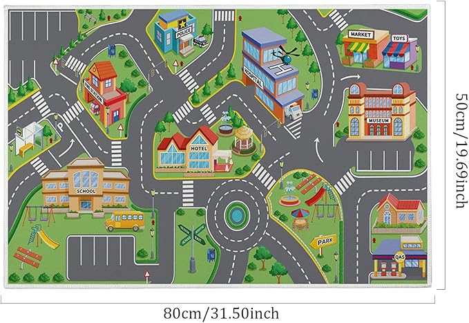 19.7x31.5in Baby Play Mat, Non-Slip Crawling Carpet, Vibrant Polyester Road Rug, Washable Rectangular Kids Rug for Bedroom Living Room