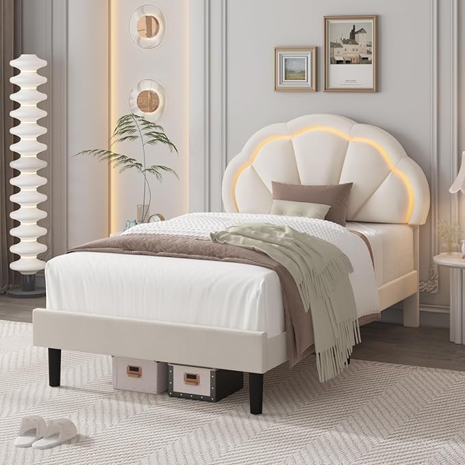 HIFIT Twin Upholstered Smart LED Bed Frame with Adjustable Chic Petal Headboard, Princess Twin Size Platform Bed Frames for Kids/Girls, Wooden Slats Support, No Box Spring Needed, Easy Assembly, Beige