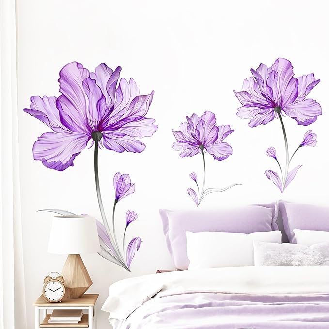Tanlaby Purple Flowers Wall Stickers Large Floral Blossom Wall Decals Plants Wall Sticker Self-Adhesive Removable Wall Art Sticker for Living Room Bedroom Offices Bathroom Wall Decoration