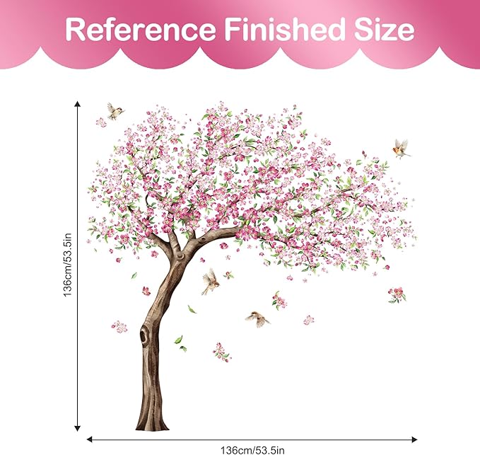 Tanlaby Large Cherry Blossom Tree Wall Decals Pink Peach Flower Tree Wall Stickers with Birds Peel and Stick Spring Wall Art Decor for Girls Kids Bedroom Nursery Living Room TV Decor