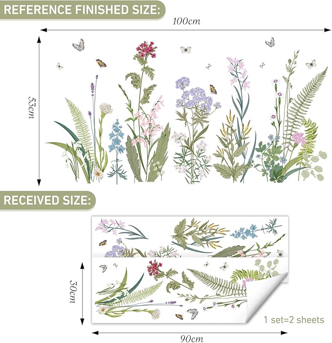 SHUCHING Colorful Wildflower Wall Decals Peel and Stick, Vinyl Olive Green Grass Wall Sticker, Wall Decor Art Home Decor for Living Room Girl Bedroom